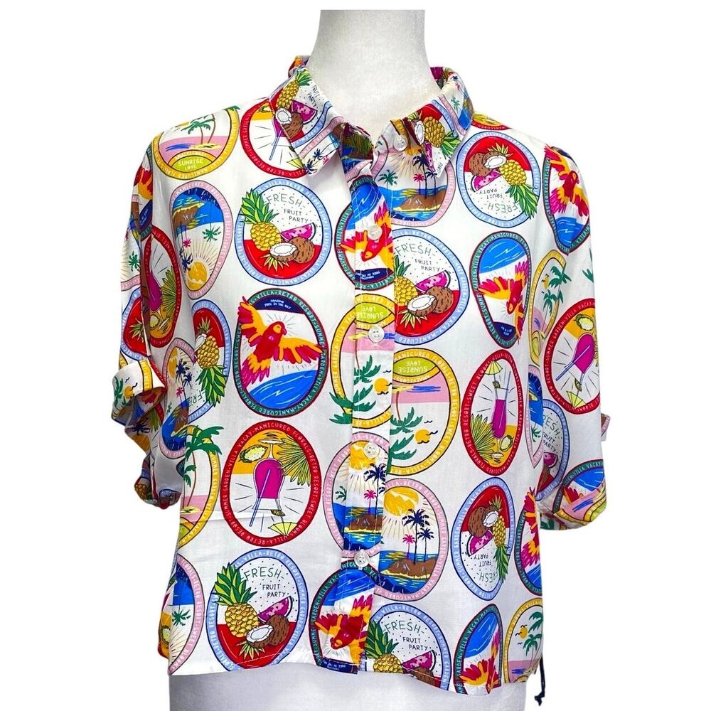 SUNBURST KISS Hawaiian Shirt Cropped Sz L Tropical Summer Beach Cocktails